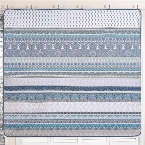 BEDDING Boho Quilt Set Queen Size,Blue Bohemian 3 Pieces Quilt Sets - Picture 6 of 16